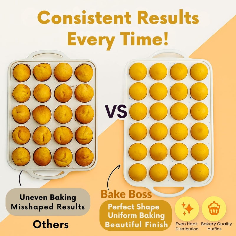 BAKE BOSS 2-Pack Mini Muffin Pan – 24-Cup Silicone Mini Muffin Pans for Baking with Metal-Reinforced Handles – Nonstick, BPA-Free Silicone Muffin Tray for Mini Cupcakes & Snacks – Dishwasher Safe, Cream - Image 3